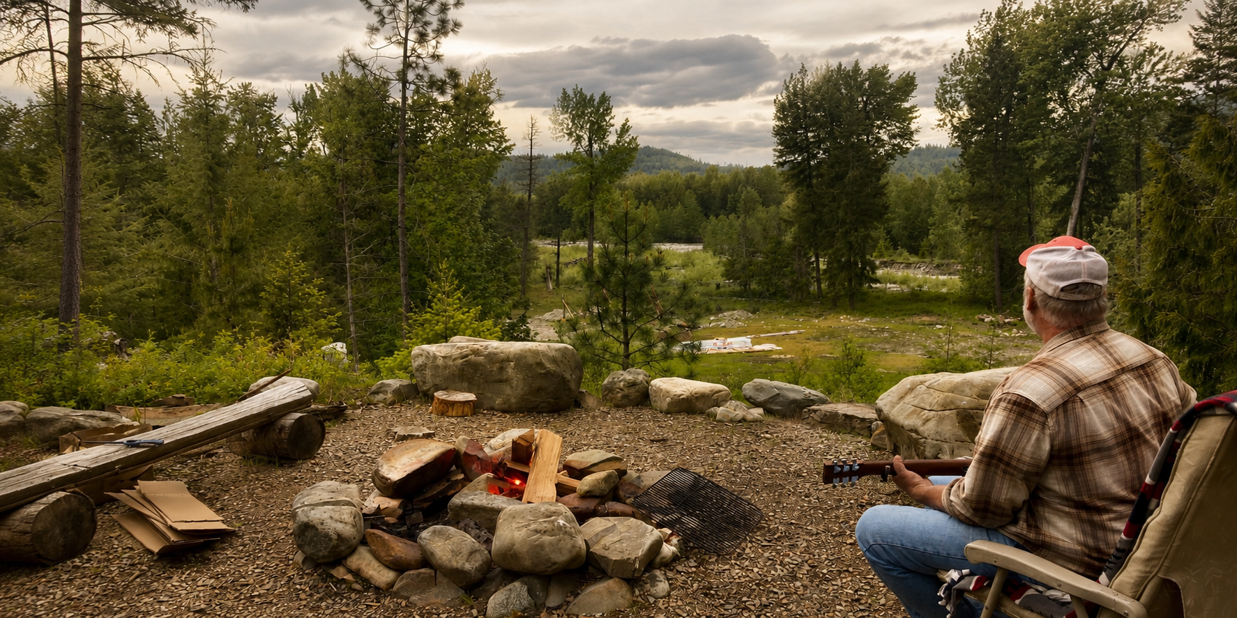 A participant plays guitar beside the fire during a Warriors Rest S.O.S. retreat.