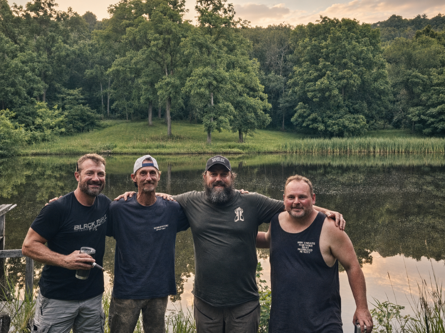 Four Warriors Rest participants standing together beside a pond after a retreat.