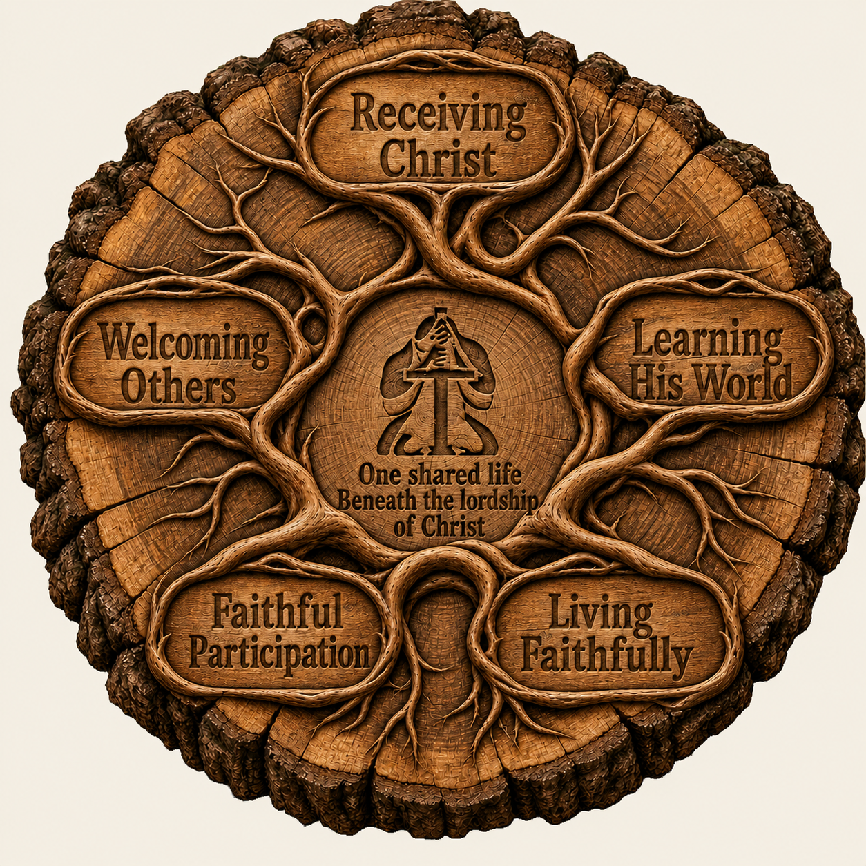 Five movements carved into an oak round around a kneeling warrior: Receiving Christ, Learning His World, Living Faithfully, Faithful Participation, and Welcoming Others—one shared life beneath the lordship of Christ.