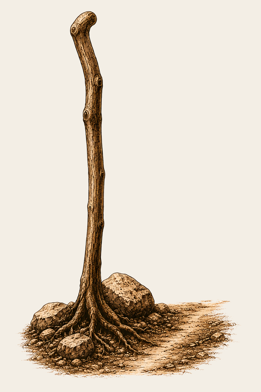 Weathered walking staff rooted beside stones and a narrow path