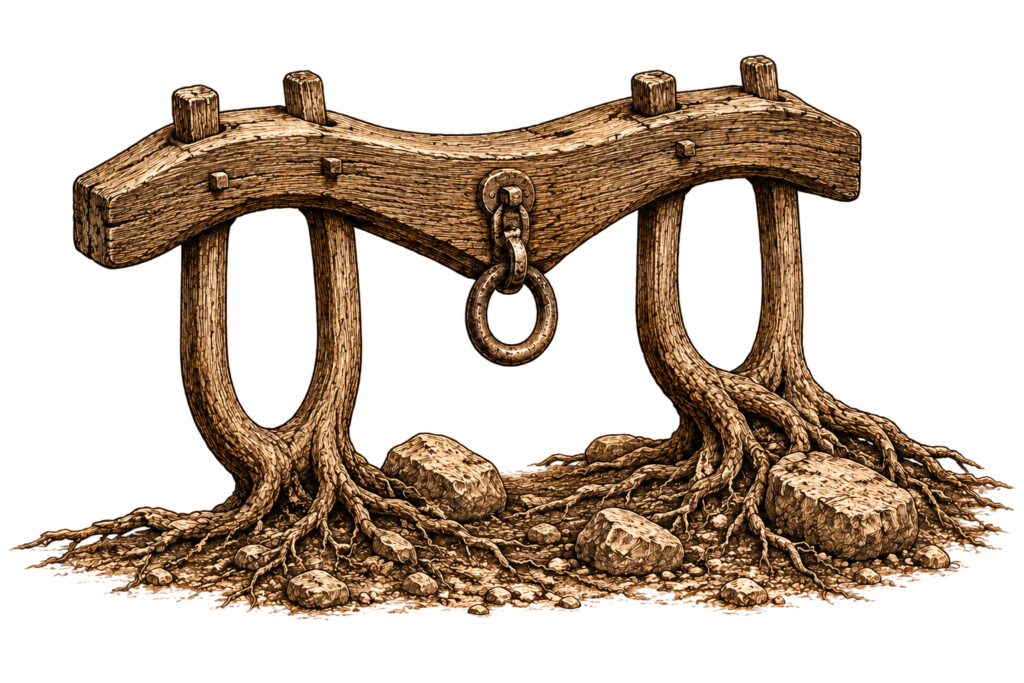 Weathered wooden yoke rooted in earth and stone